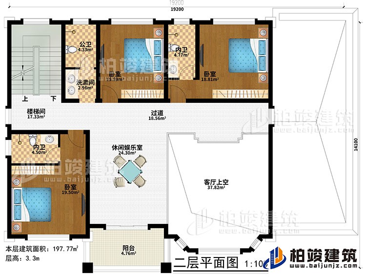一層：休閑娛樂(lè)室、樓梯間、客廳上空、過(guò)道、3臥室、洗漱間、公衛(wèi)、2內(nèi)衛(wèi)、陽(yáng)臺(tái)