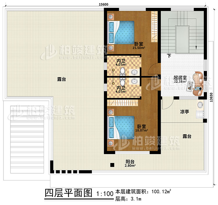 四層：起居室、2臥室、2內(nèi)衛(wèi)、涼亭、陽臺、2露臺