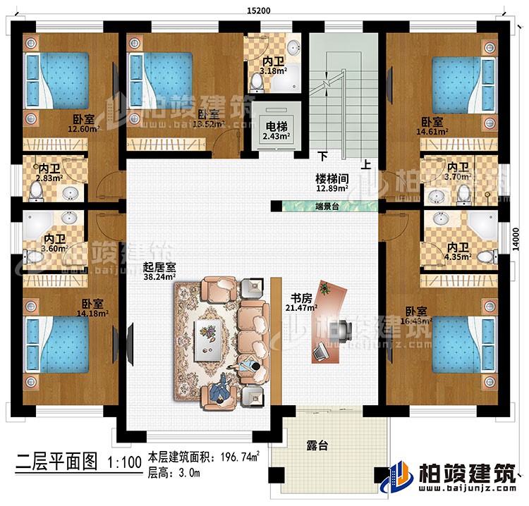 二層：樓梯間、端景臺、起居室、書房、5臥室、電梯、5內(nèi)衛(wèi)、露臺