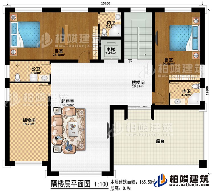 閣樓：2臥室、電梯、樓梯間、起居室、儲物間、公衛(wèi)、2內(nèi)衛(wèi)、露臺