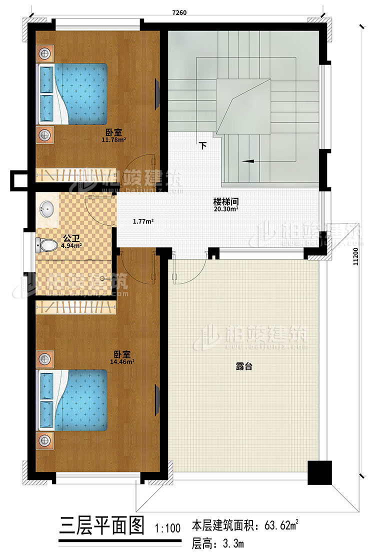 三層：2臥室、樓梯間、公衛(wèi)、露臺