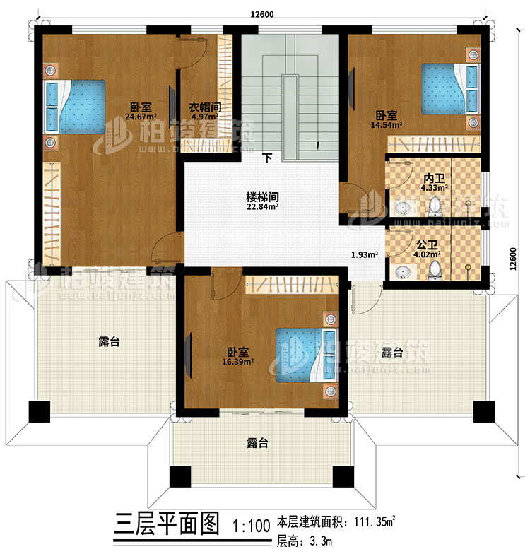 三層：樓梯間、3臥室、公衛(wèi)、內(nèi)衛(wèi)、3露臺、衣帽間
