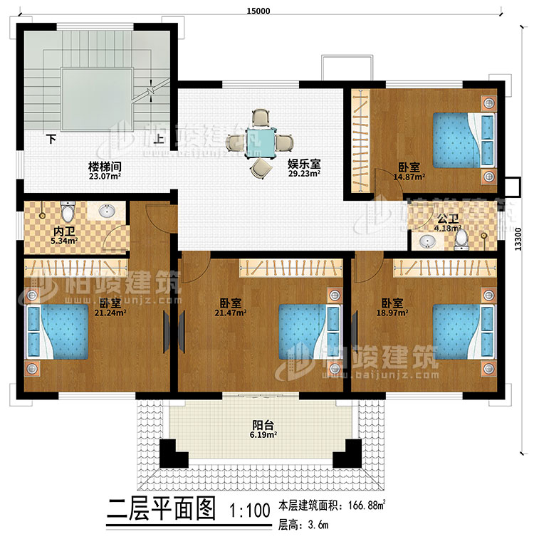二層：樓梯間、娛樂室、4臥室、公衛(wèi)、內(nèi)衛(wèi)、陽臺(tái)