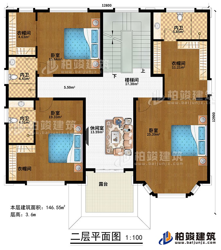 二層：樓梯間、休閑室、3臥室、3衣帽間、3內(nèi)衛(wèi)、露臺