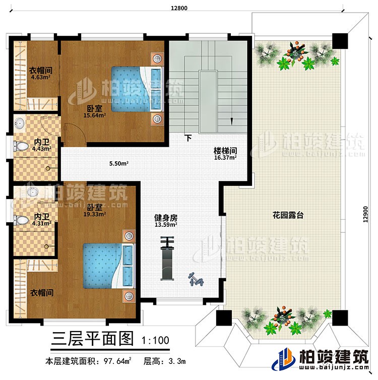 三層：健身房、樓梯間、2臥室、2衣帽間、2內(nèi)衛(wèi)、花園露臺