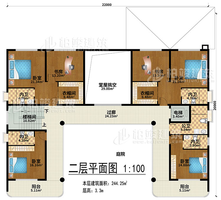 二層：堂屋挑空、過廊、樓梯間、電梯、4臥室、2衣帽間、2書房、4內(nèi)衛(wèi)、公衛(wèi)、2陽臺