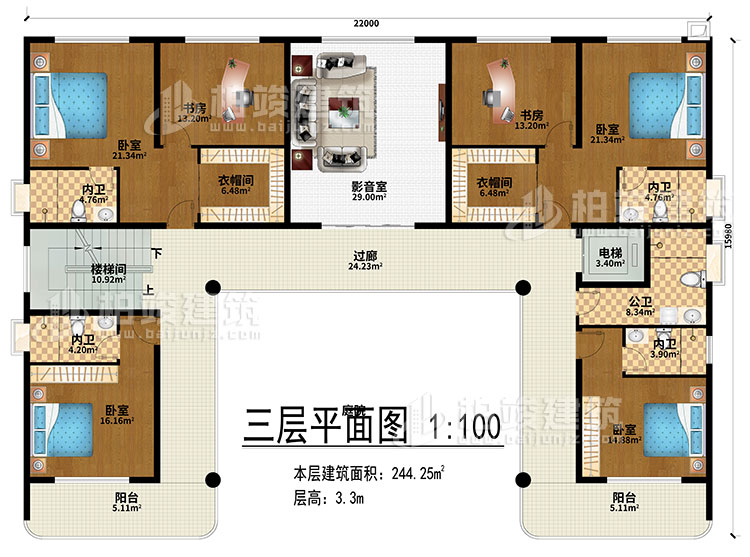 三層：影音室、過廊、樓梯間、電梯、4臥室、2衣帽間、2書房、4內(nèi)衛(wèi)、公衛(wèi)、2陽臺