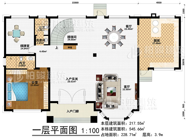 一層：樓梯間、3臥室、衣帽間、公衛(wèi)、內(nèi)衛(wèi)、陽(yáng)光房、涼亭、2露臺(tái)