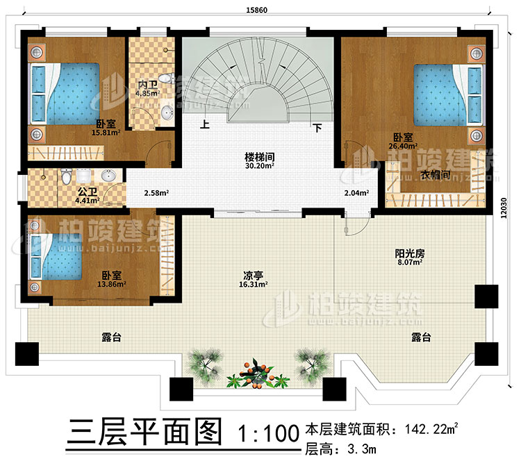 三層：樓梯間、3臥室、衣帽間、公衛(wèi)、內(nèi)衛(wèi)、陽(yáng)光房、涼亭、2露臺(tái)