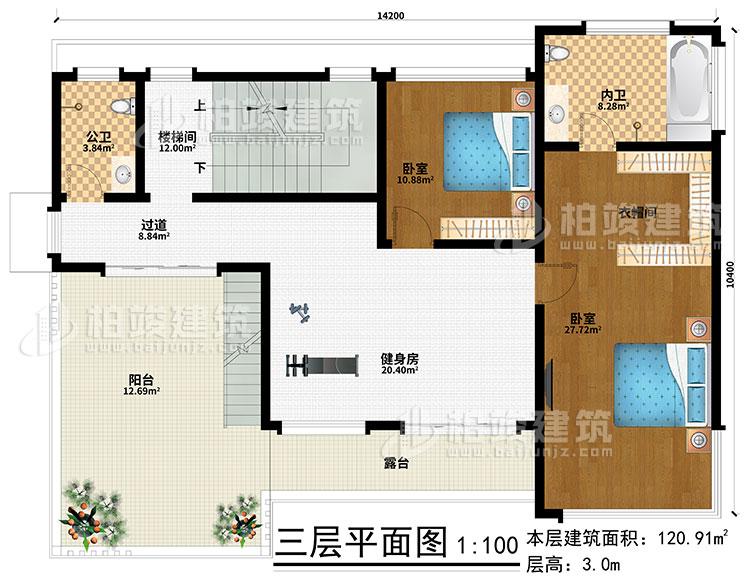 三層：健身房、樓梯間、2臥室、衣帽間、過(guò)道、公衛(wèi)、內(nèi)衛(wèi)、陽(yáng)臺(tái)、露臺(tái)