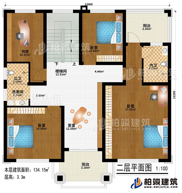二層：樓梯間、茶室、3臥室、洗漱間、公衛(wèi)、內(nèi)衛(wèi)、2陽臺