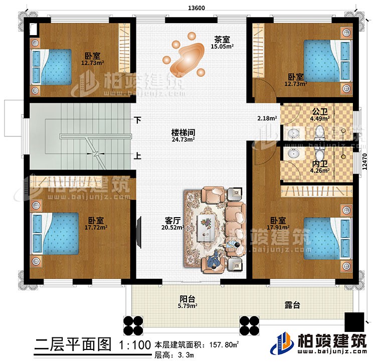 二層：客廳、樓梯間、茶室、4臥室、公衛(wèi)、內(nèi)衛(wèi)、陽臺(tái)、露臺(tái)