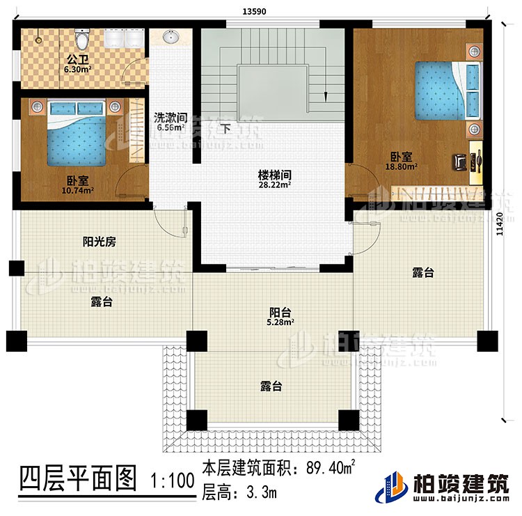 四層：樓梯間、洗漱間、2臥室、陽光房、公衛(wèi)、陽臺、3露臺