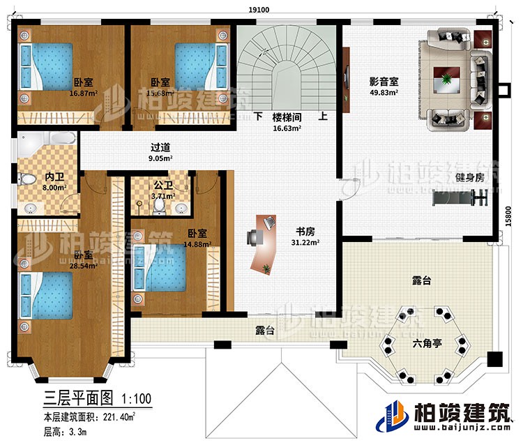 三層：樓梯間、書房、過道、4臥室、公衛(wèi)、內(nèi)衛(wèi)、影音室、健身房、2露臺、六角亭