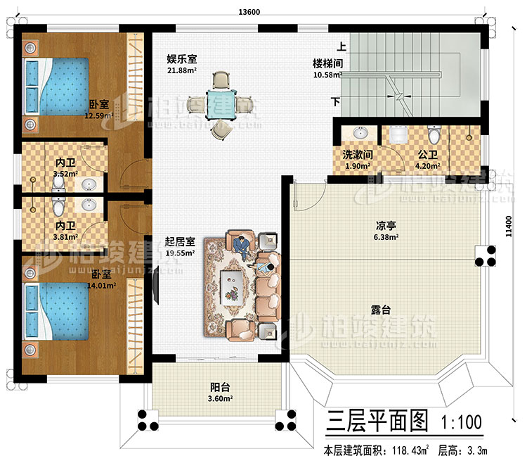 三層：起居室、娛樂室、樓梯間、2臥室、洗漱間、公衛(wèi)、2內(nèi)衛(wèi)、涼亭、陽臺、露臺