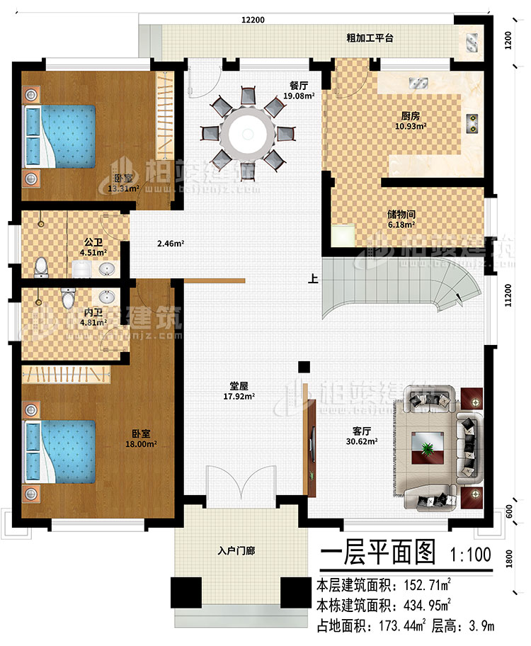 一層：入戶門廊、堂屋、客廳、餐廳、廚房、儲物間、2臥室、公衛(wèi)、內(nèi)衛(wèi)、粗加工平臺