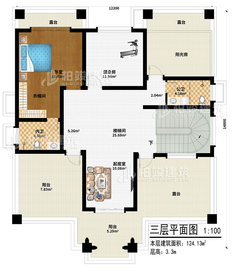 三層：起居室、樓梯間、健身房、陽光房、臥室、衣帽間、內(nèi)衛(wèi)、公衛(wèi)、2陽臺、3露臺