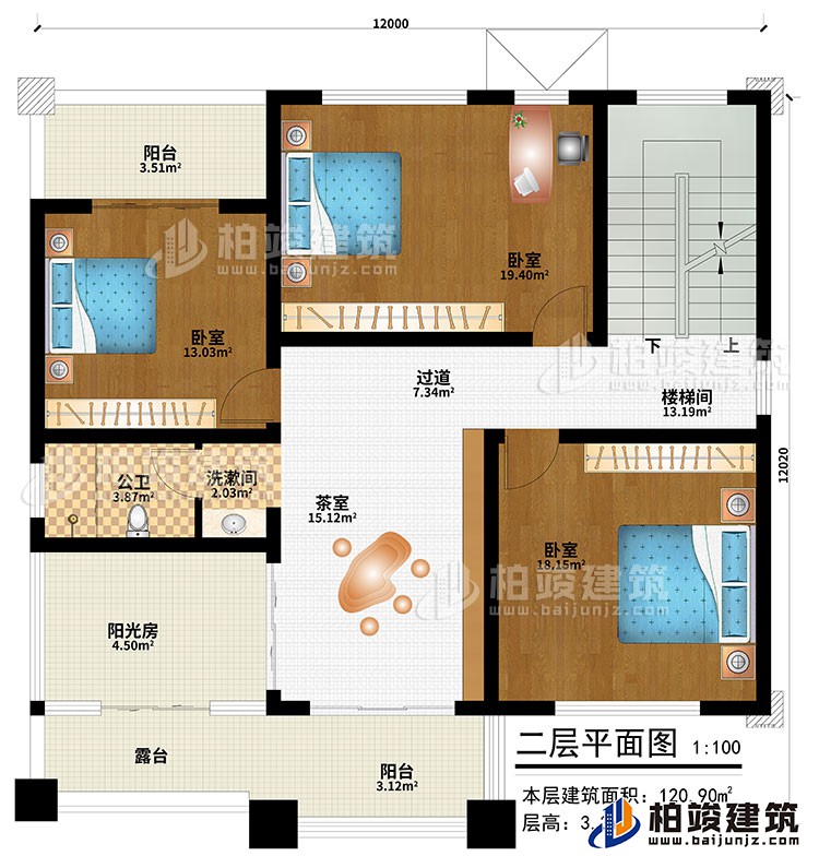二層：茶室、過道、樓梯間、3臥室、公衛(wèi)、洗漱間、陽光房、陽臺、露臺