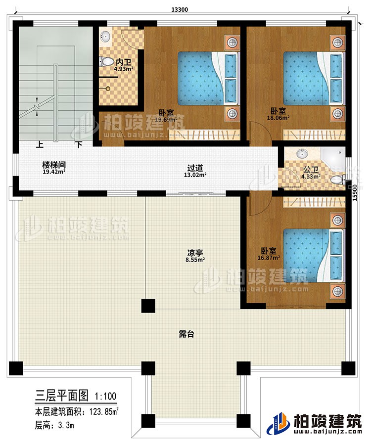 三層：樓梯間、過道、3臥室、公衛(wèi)、內(nèi)衛(wèi)、涼亭、露臺(tái)