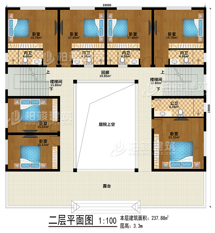 二層：回廊、露臺(tái)、庭院上空、2樓梯間、7臥室、4內(nèi)衛(wèi)、公衛(wèi)