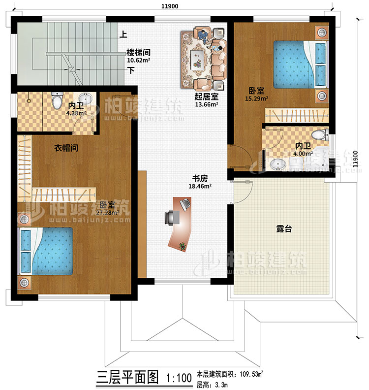 三層：2臥室、起居室、樓梯間、衣帽間、書(shū)房、2內(nèi)衛(wèi)、露臺(tái)