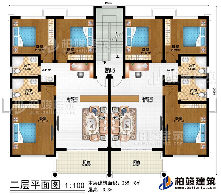 二層：2起居室、樓梯間、6臥室、2公衛(wèi)、2內(nèi)衛(wèi)、2陽臺(tái)