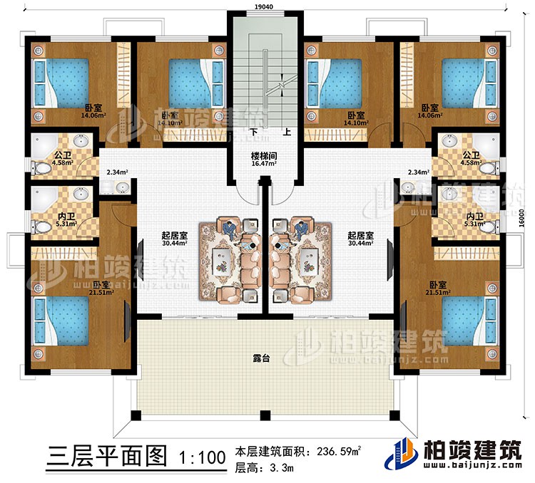 三層：2起居室、樓梯間、6臥室、2公衛(wèi)、2內(nèi)衛(wèi)、露臺(tái)