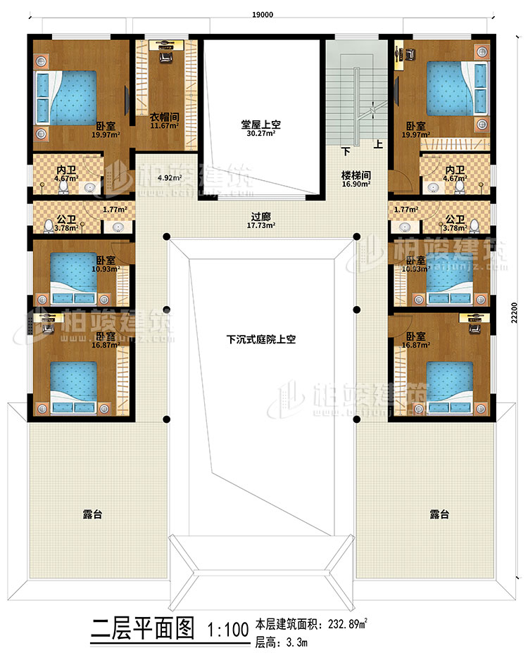 二層：下沉式庭院上空、堂屋上空、樓梯間、過廊、6臥室、衣帽間、2公衛(wèi)、2內(nèi)衛(wèi)、露臺