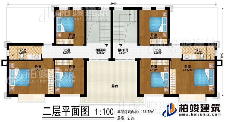 二層：2樓梯間、6臥室、2公衛(wèi)、2過道、露臺