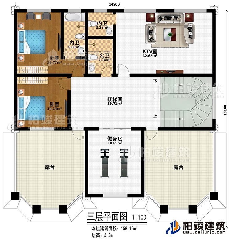 三層：2臥室、KTV室、樓梯間、健身房、公衛(wèi)、2內衛(wèi)、2露臺