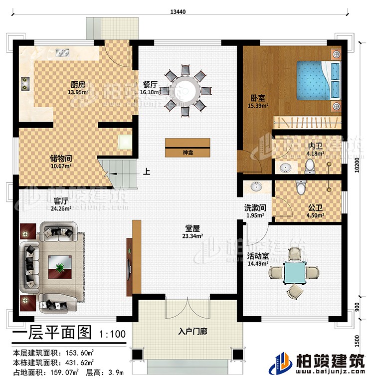 一層：入戶門廊、堂屋、神龕、客廳、儲物間、廚房、餐廳、活動室、臥室、洗漱間、公衛(wèi)、內(nèi)衛(wèi)