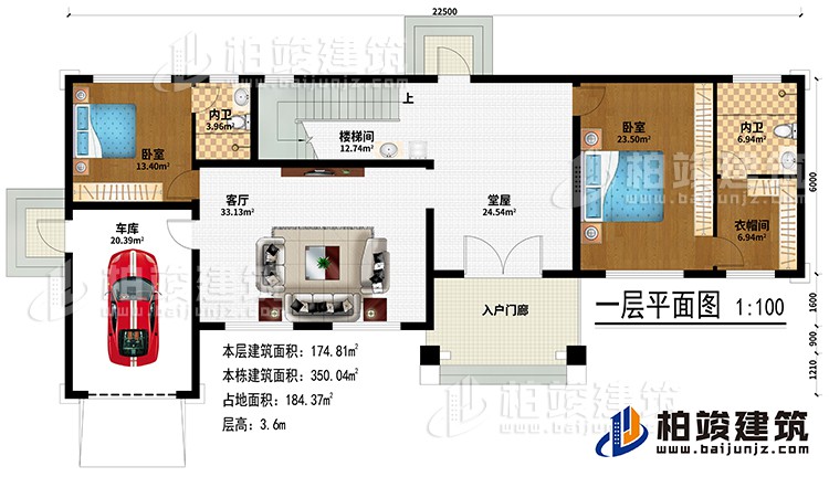 一層:入戶門廊、堂屋、客廳、車庫(kù)、樓梯間、2臥室、衣帽間、2內(nèi)衛(wèi)