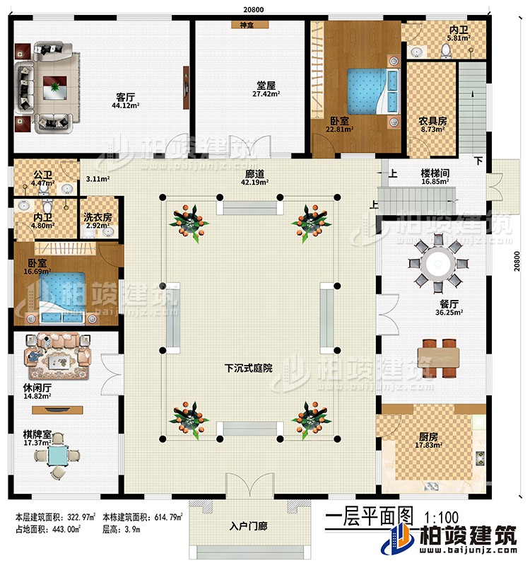 一層：入戶(hù)門(mén)廊、下沉式庭院、廊道、堂屋、神龕、客廳、餐廳、廚房、休閑廳、棋牌室、農(nóng)具房、樓梯間、2臥室、2內(nèi)衛(wèi)、公衛(wèi)、洗衣房