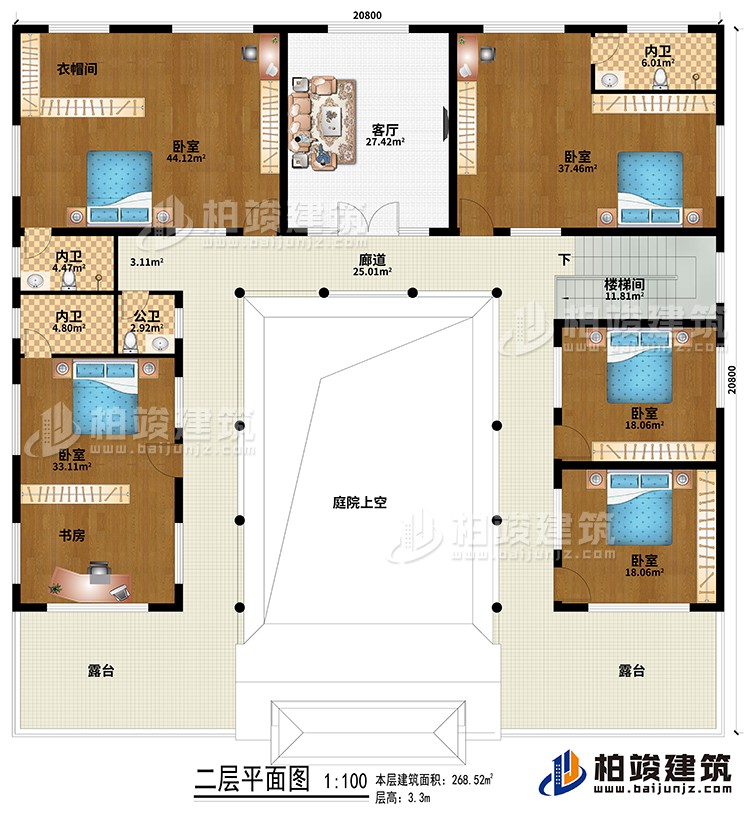 二層：樓梯間、廊道、庭院上空、客廳、5臥室、衣帽間、書(shū)房、3內(nèi)衛(wèi)、公衛(wèi)、2露臺(tái)