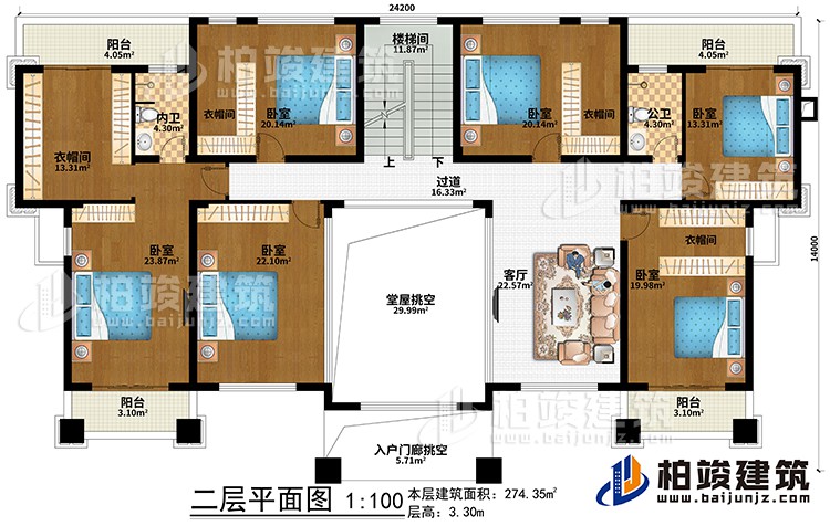 二層：堂屋挑空、入戶門廊挑空、客廳、過道、樓梯間、6臥室、4衣帽間、公衛(wèi)、內衛(wèi)、4陽臺