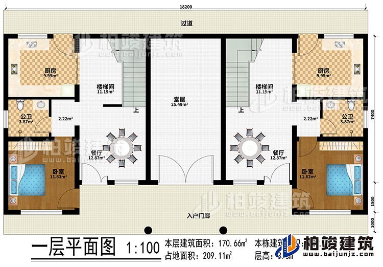 一層：入戶門廊、過道、堂屋、2廚房、2樓梯間、2餐廳、2臥室、2公衛(wèi)