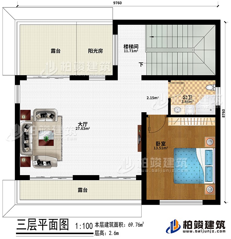 三層：樓梯間、大廳、臥室、公衛(wèi)、陽光房、2露臺(tái)