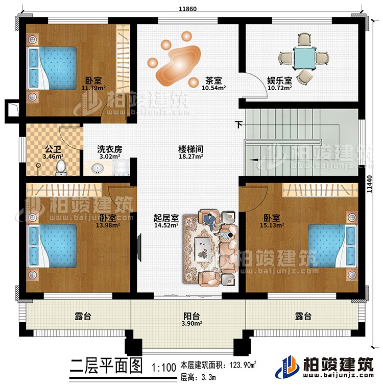 二層：樓梯間、起居室、茶室、3臥室、娛樂(lè)室、洗衣房、公衛(wèi)、陽(yáng)臺(tái)、2露臺(tái)