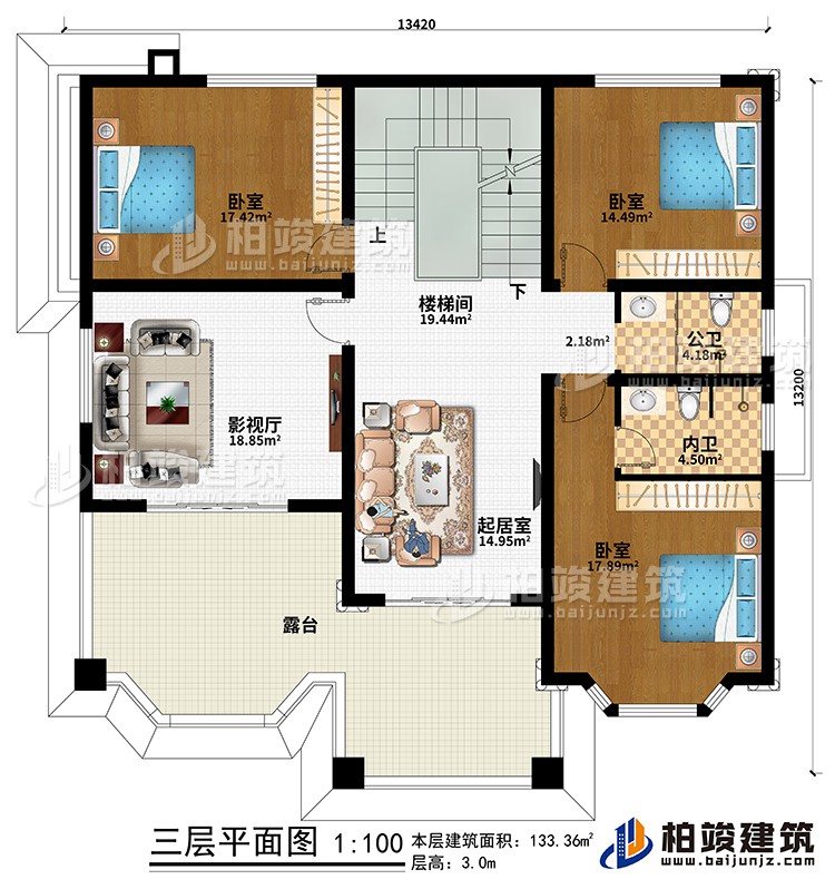三層：樓梯間、起居室、影視廳、3臥室、公衛(wèi)、內(nèi)衛(wèi)、露臺