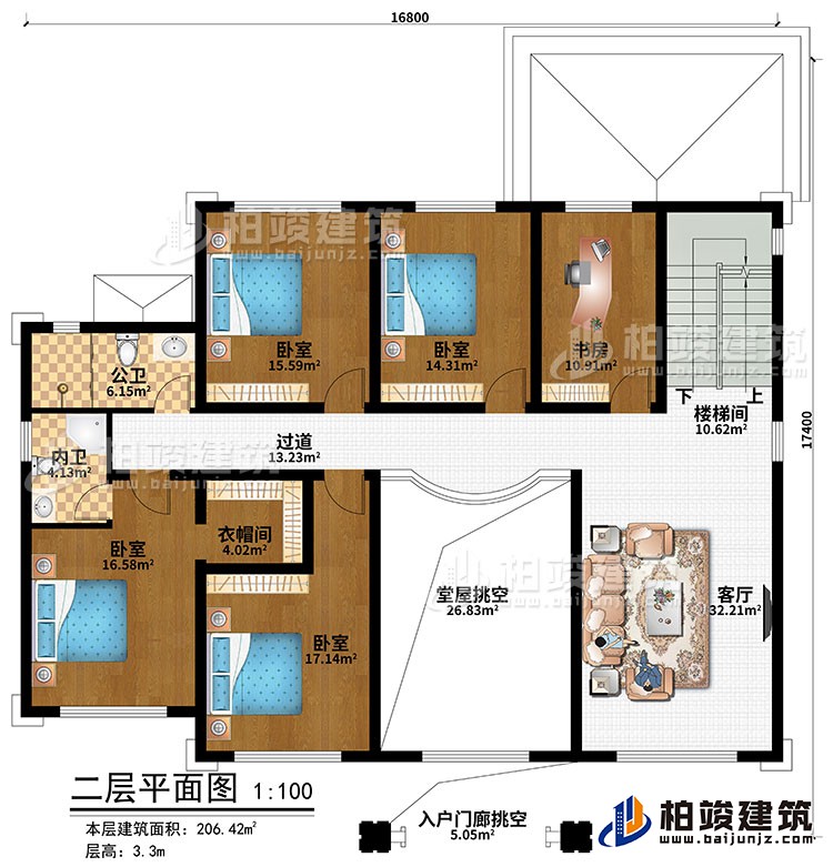 二層：樓梯間、客廳、堂屋挑空、入戶門廊挑空、4臥室、衣帽間、書房、公衛(wèi)、內(nèi)衛(wèi)