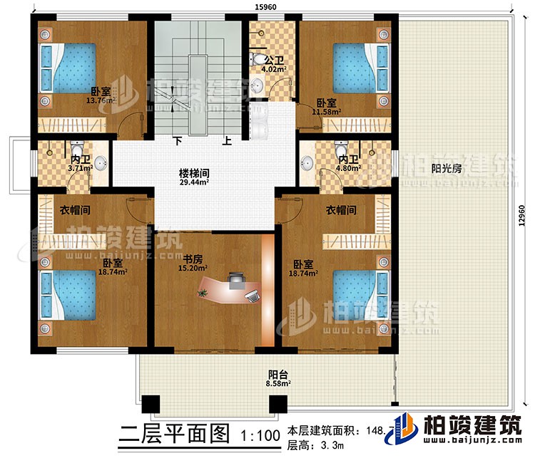 二層：樓梯間、4臥室、書房、2衣帽間、公衛(wèi)、2內(nèi)衛(wèi)、陽臺、陽光房