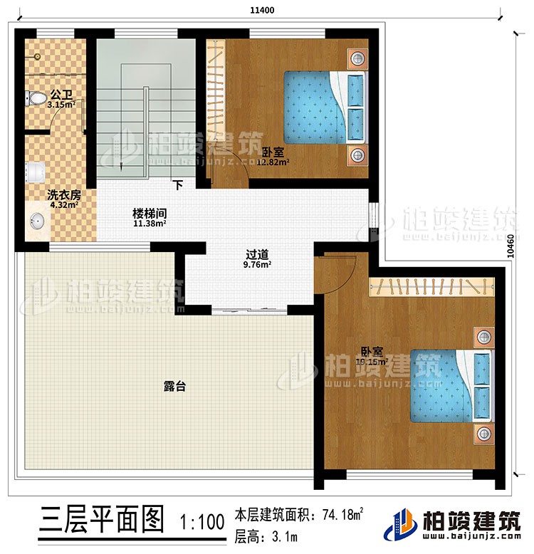 三層：過道、樓梯間、2臥室、公衛(wèi)、洗衣房、露臺