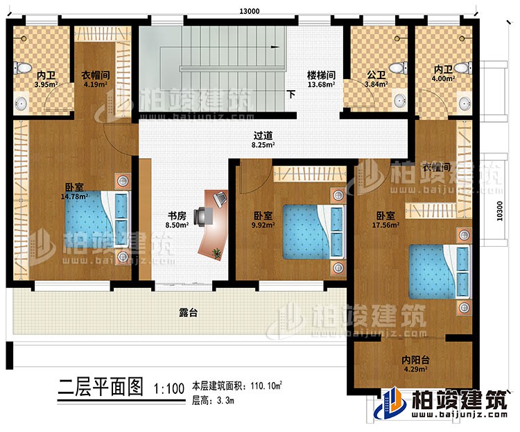 二層：樓梯間、過(guò)道、書房、3臥室、2衣帽間、2內(nèi)衛(wèi)、公衛(wèi)、露臺(tái)、內(nèi)陽(yáng)臺(tái)