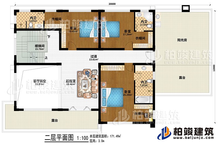 二層：樓梯間、客廳挑空、起居室、過(guò)道、3臥室、3衣帽間、3內(nèi)衛(wèi)、陽(yáng)光房、2露臺(tái)