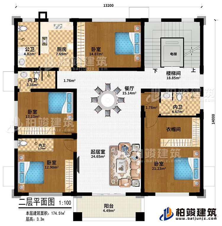 二層：電梯、樓梯間、餐廳、廚房、起居室、4臥室、衣帽間、3內(nèi)衛(wèi)、公衛(wèi)、陽臺