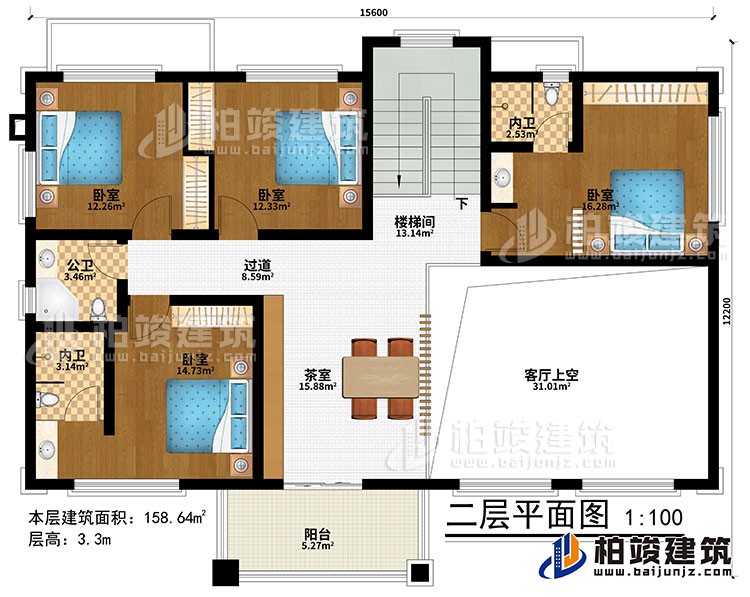 二層：樓梯間、茶室、客廳上空、4臥室、過(guò)道、公衛(wèi)、2內(nèi)衛(wèi)、陽(yáng)臺(tái)