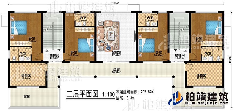 二層：起居室、2樓梯間、4臥室、4內(nèi)衛(wèi)、2儲(chǔ)物間、過(guò)廊、2露臺(tái)