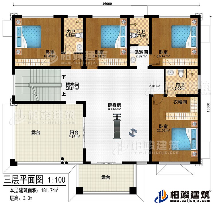 三層：樓梯間、健身房、4臥室、洗漱間、公衛(wèi)、內(nèi)衛(wèi)、陽臺、2露臺