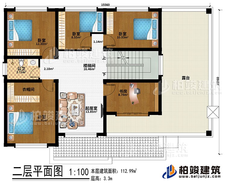 二層：樓梯間、起居室、4臥室、衣帽間、書房、公衛(wèi)、露臺(tái)